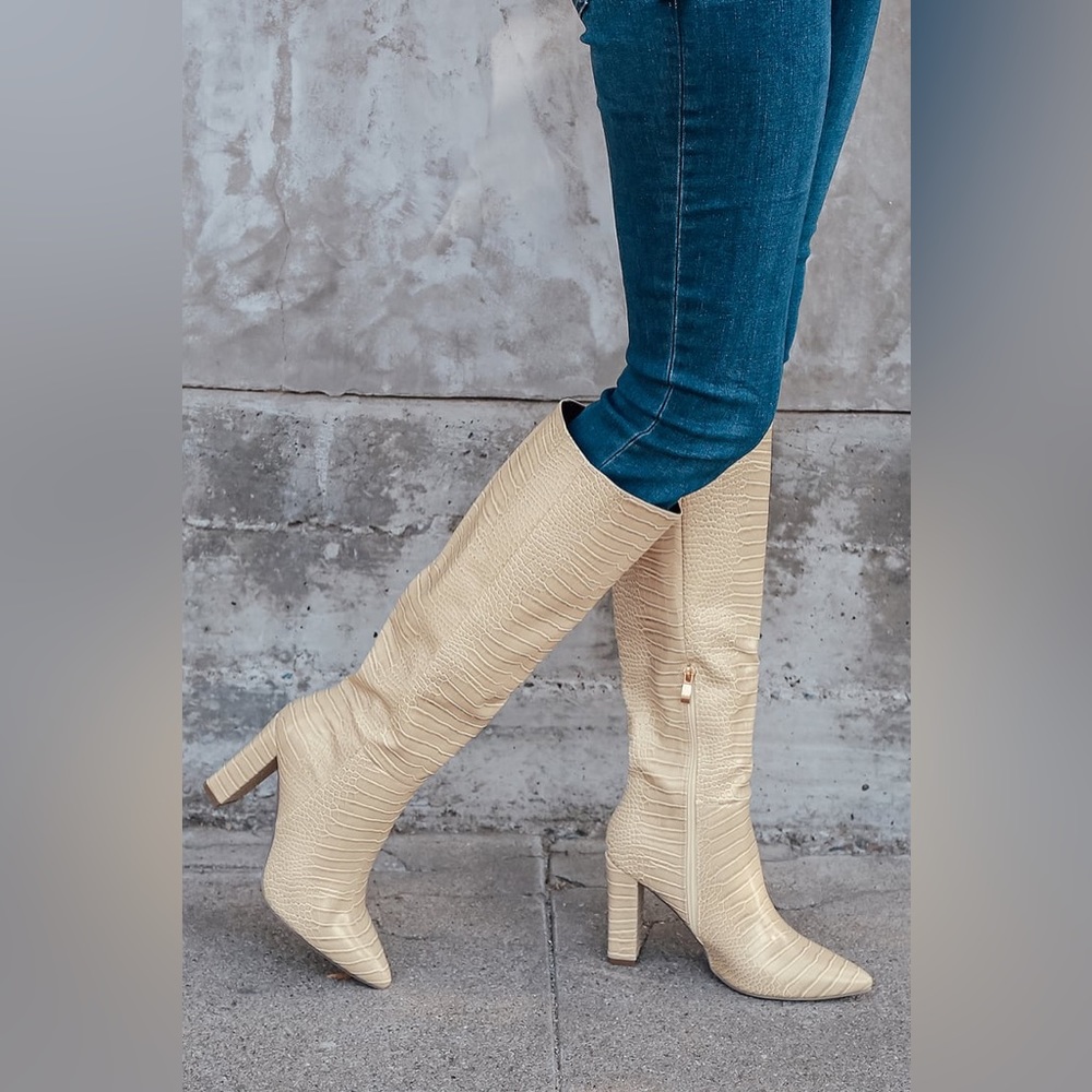 Worn once Beige Croc Embossed Knee High Boots
